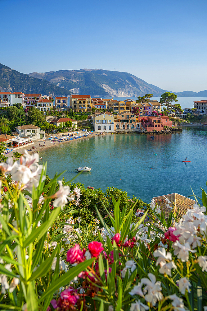 Elevated view of harbour and colourful houses in Assos, Assos, Kefalonia, Ionian Islands, Greek Islands, Greece, Europe