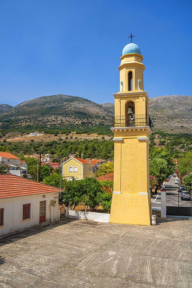 View of Church of Agia Efimia bell tower in Agia Effimia, Kefalonia, Ionian Islands, Greek Islands, Greece, Europe