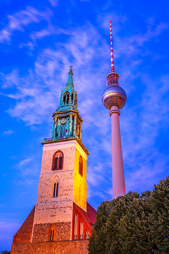 View of Berliner Fernsehturm and St. Mary's Church at dusk, Panoramastrasse, Berlin, Germany, Europe