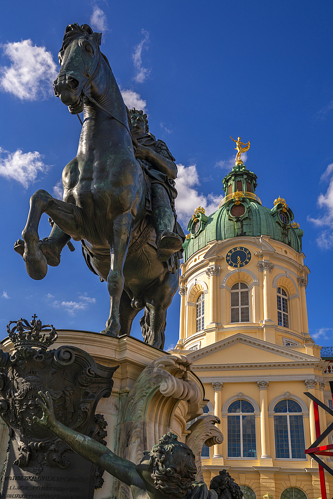 View of Charlottenburg Palace and statue of Great Elector Frederick William at Schloss Charlottenburg, Berlin, Germany, Europe