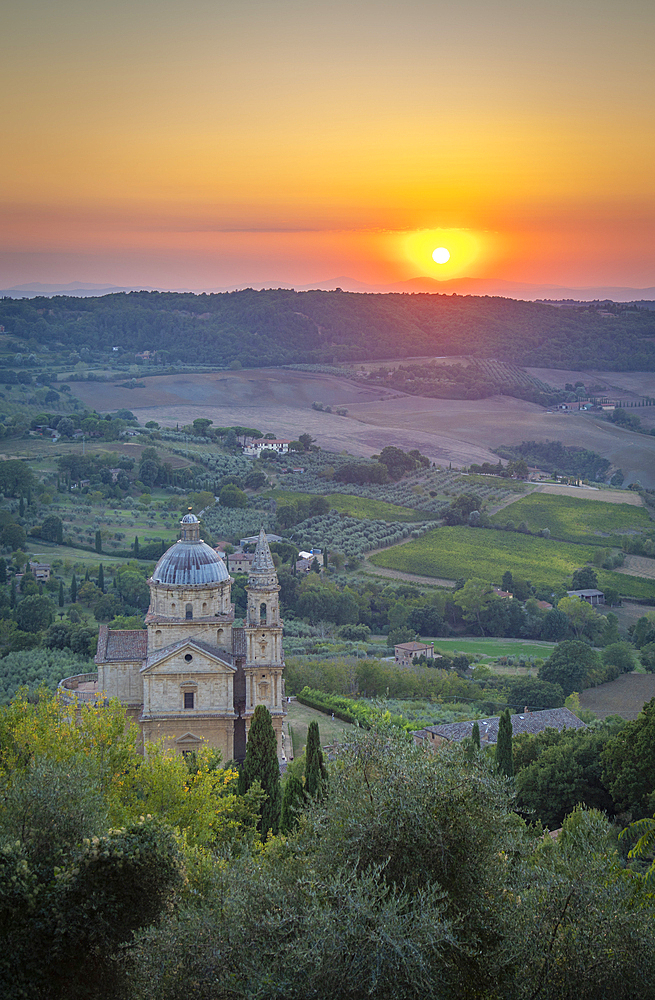 View of Tempio di San Biagio Church at sunset, Montepulciano, Province of Siena, Tuscany, Italy, Europe