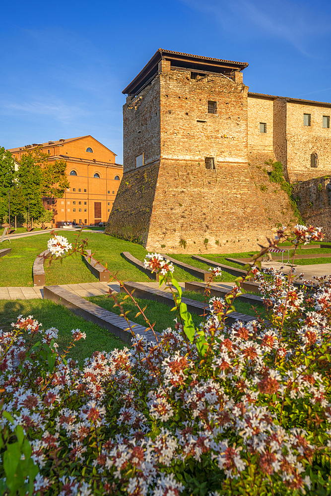 View of Rocca Malatestiana from Arena Francesca da Rimini, Rimini, Emilia-Romagna, Italy, Europe