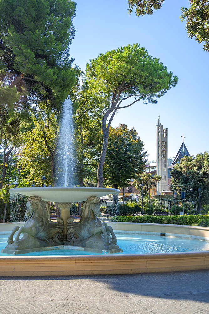 View of water fountain in Parco Federico Fellini beach Rimini Beach, Rimini, Emilia-Romagna, Italy, Europe