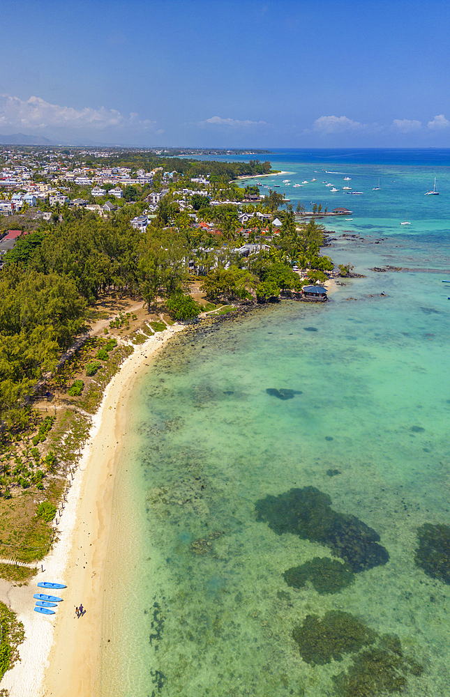 Aerial view of beach and turquoise water at Le Clos Choisy, Mauritius, Indian Ocean, Africa