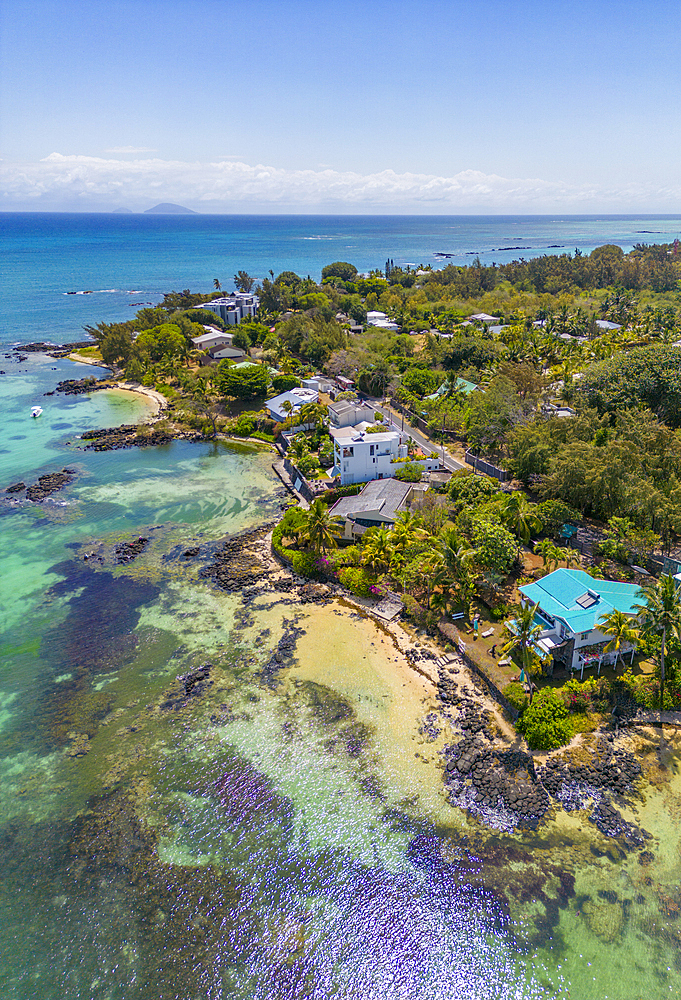 Aerial view of coastline, beach and turquoise water at Cap Malheureux, Mauritius, Indian Ocean, Africa