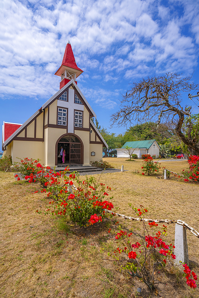 View of Notre-Dame Auxiliatrice de Cap Malheureux on sunny day in Cap Malheureux, Mauritius, Indian Ocean, Africa