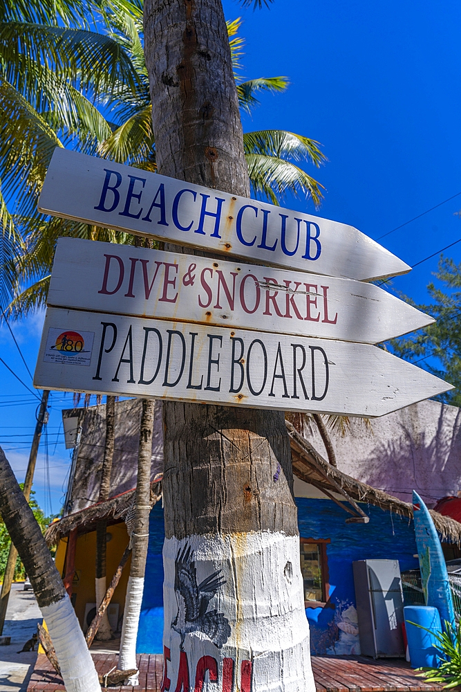 View of beach club sign at Puerto Morelos, Caribbean Coast, Yucatan Peninsula, Riviera Maya, Mexico, North America