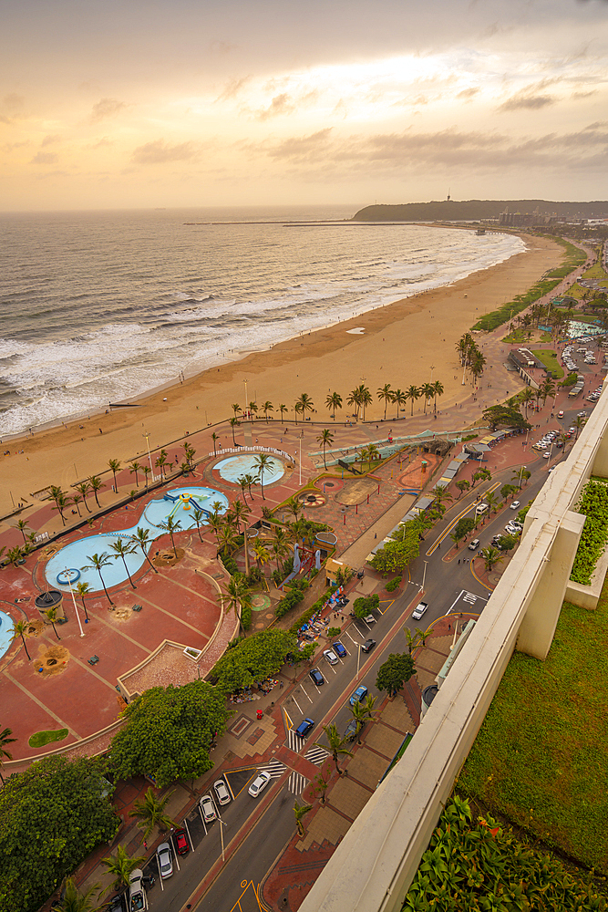 Elevated view of beaches, promenade and Indian Ocean, Durban, KwaZulu-Natal Province, South Africa, Africa