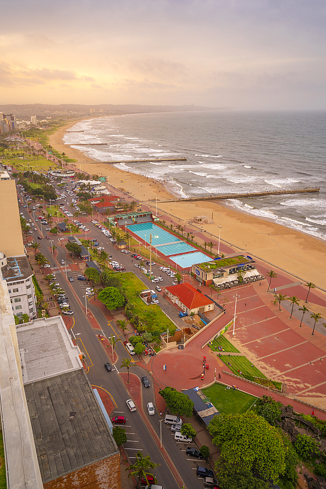 Elevated view of beaches, promenade and Indian Ocean, Durban, KwaZulu-Natal Province, South Africa, Africa