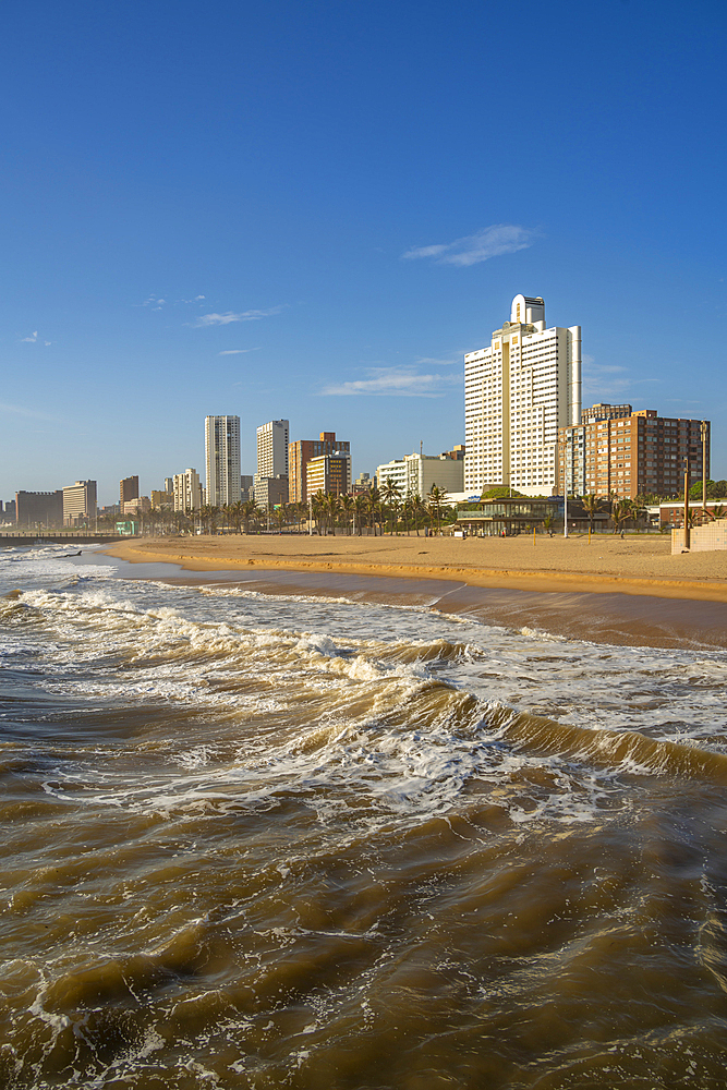 View of promenade, beach and hotels from pier in Indian Ocean, Durban, KwaZulu-Natal Province, South Africa, Africa