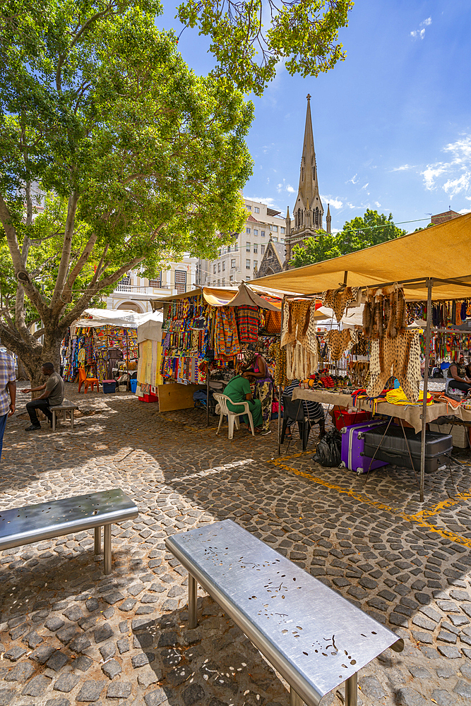 View of colourful souvenir stalls on Greenmarket Square, Cape Town, Western Cape, South Africa, Africa