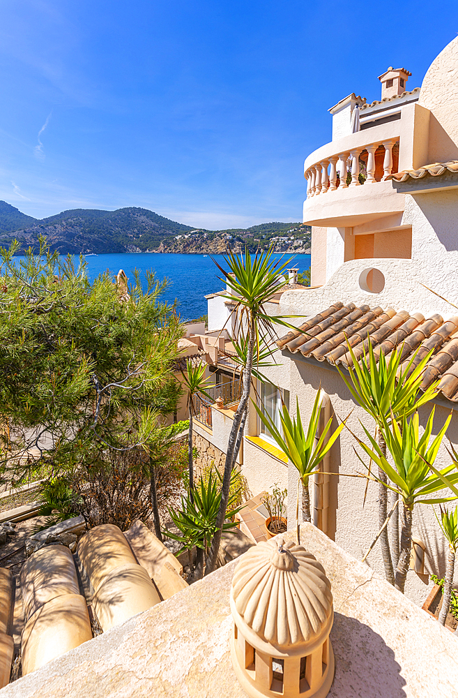 View of villlas overlooking bay at Camp de Mar, Camp de Mar, Majorca, Balearic Islands, Spain, Mediterranean, Europe