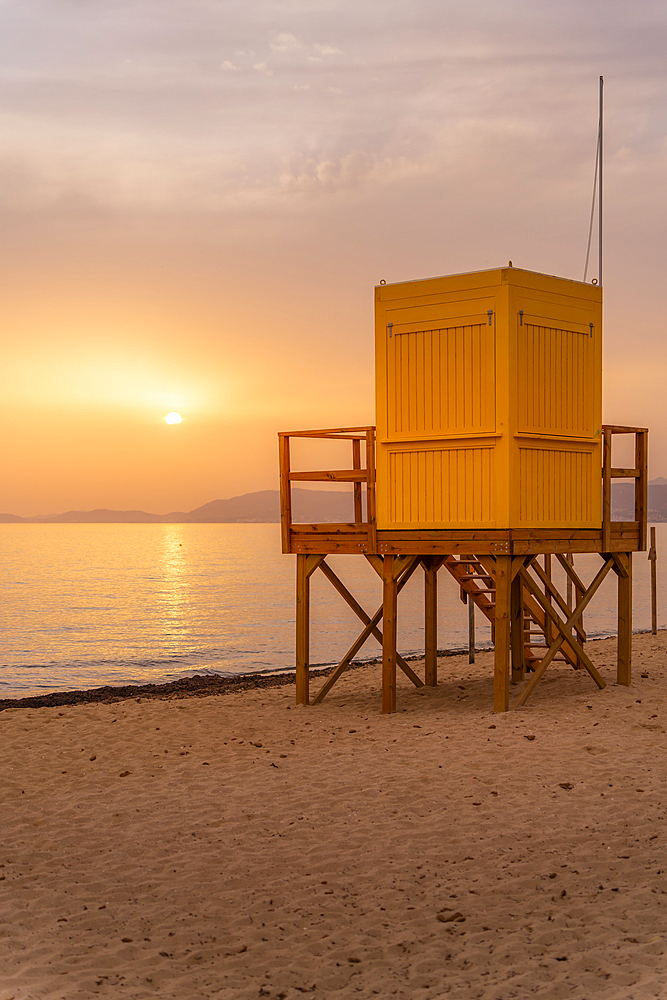 View of lifeguard watchtower at Playa de Palma at sunset, S'Arenal, Palma, Majorca, Balearic Islands, Spain, Mediterranean, Europe