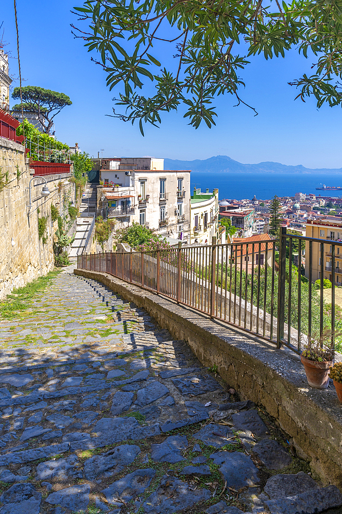 Elevated view of Naples and Amalfi Coast in background, Naples, Campania, Italy, Europe