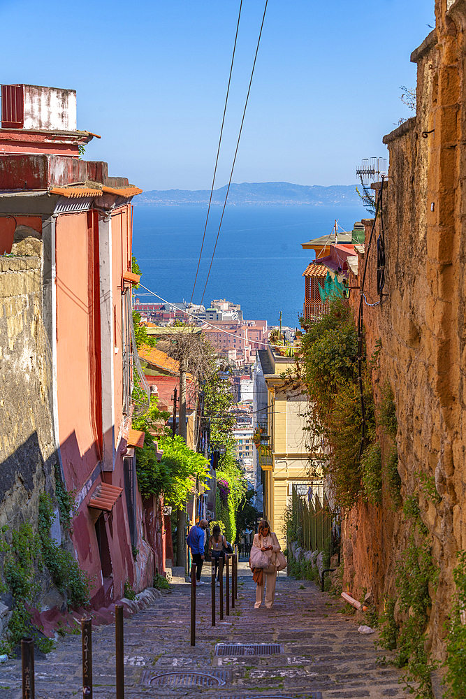 Elevated view of Naples and Amalfi Coast in background, Naples, Campania, Italy, Europe