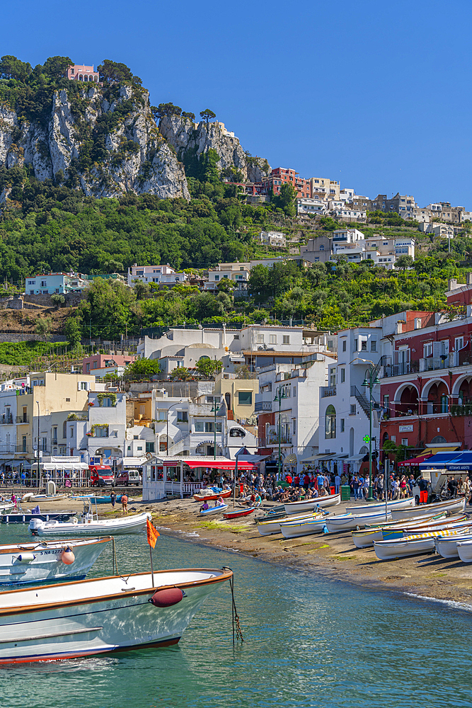 View of boats in Marina Grande overlooked by Capri Town in the background, Isle of Capri, Bay of Naples, Campania, Italy, Mediterranean, Europe