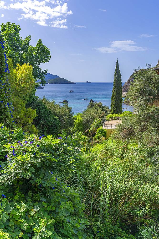 View of coastline and Ionian Sea near Palaiokastritsa, Palaiokastritsa, Corfu, Ionian Sea, Greek Islands, Greece, Europe