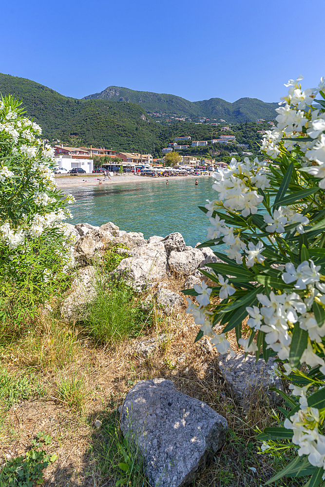 View of Ionian Sea and Ipsos Beach at Ipsos, Ipsos, Corfu, Ionian Sea, Greek Islands, Greece, Europe