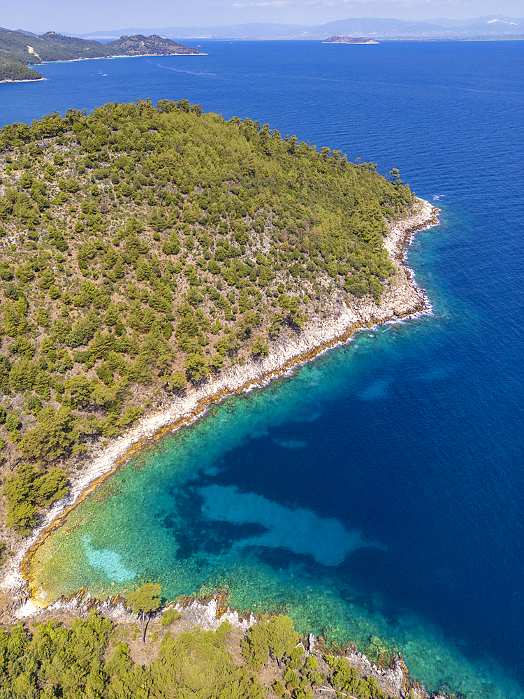 View of woodland and coastline near Chrysi Ammoudia, Thassos, Aegean Sea, Greek Islands, Greece, Europe