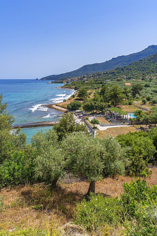 View of sea and beach at Koinyra, Thassos, Aegean Sea, Greek Islands, Greece, Europe