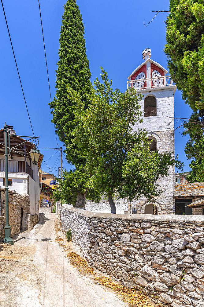 View of clock tower of Greek Orthodox Church, Theologos, Thassos, Aegean Sea, Greek Islands, Greece, Europe