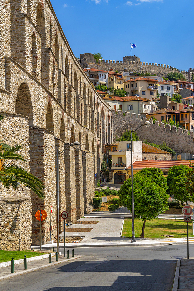 View of Aqueduct from the Ottoman era and Kavala Fortress, Dimos Kavalas, Eastern Macedonia and Thrace, Gulf of Thasos, Gulf of Kavala, Thracian Sea, Greece, Europe