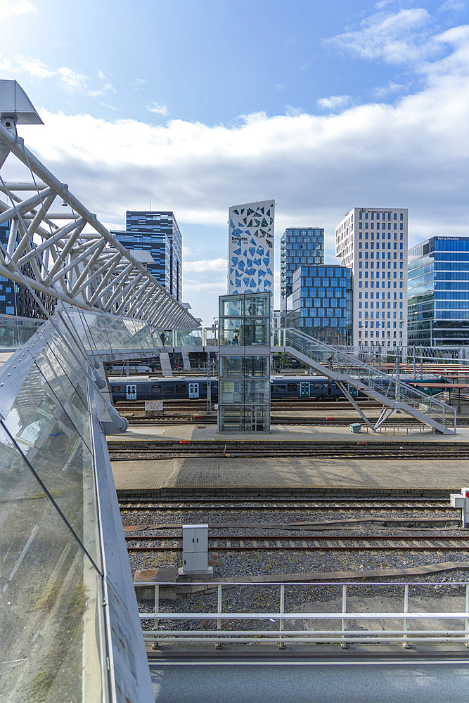 View of the Barcode buildings and Akrobaten bridge on a sunny day, Oslo, Norway, Scandinavia, Europe