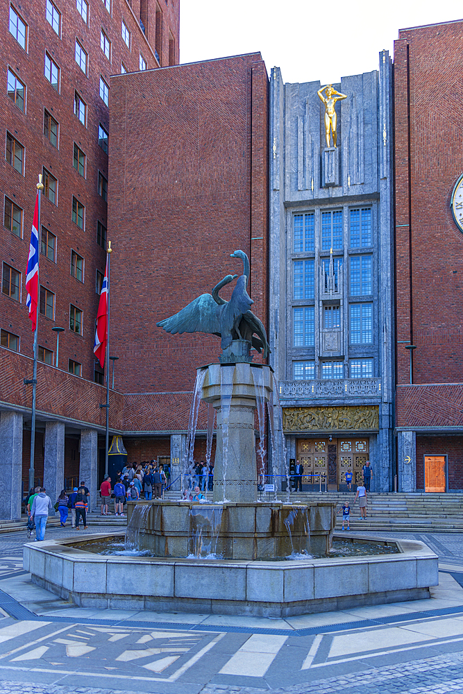 View of Oslo City Hall and fountain on a sunny day, Oslo, Norway, Scandinavia, Europe