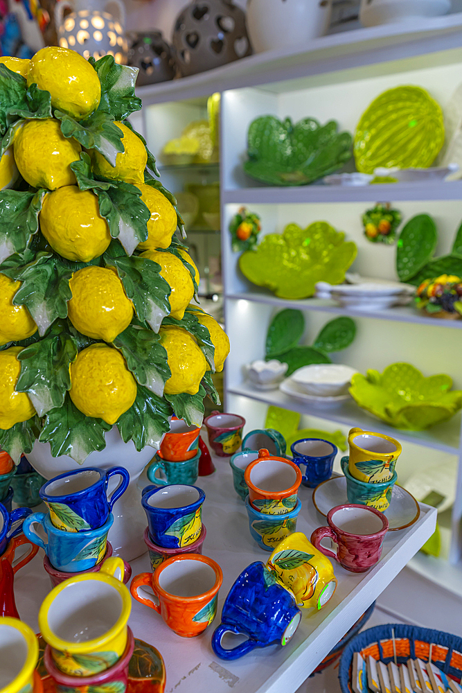 View of colourful local pottery in Forio, Forio, Island of Ischia, Campania, Italy, Europe