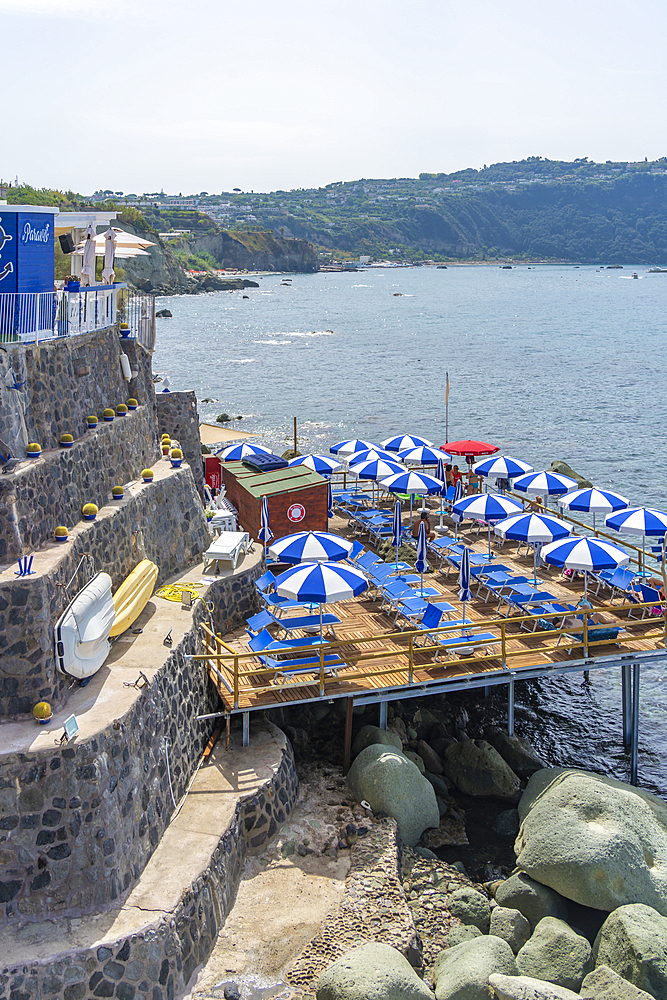 View of cafes and restaurant and coastline in Forio, Forio, Island of Ischia, Campania, Italy, Europe