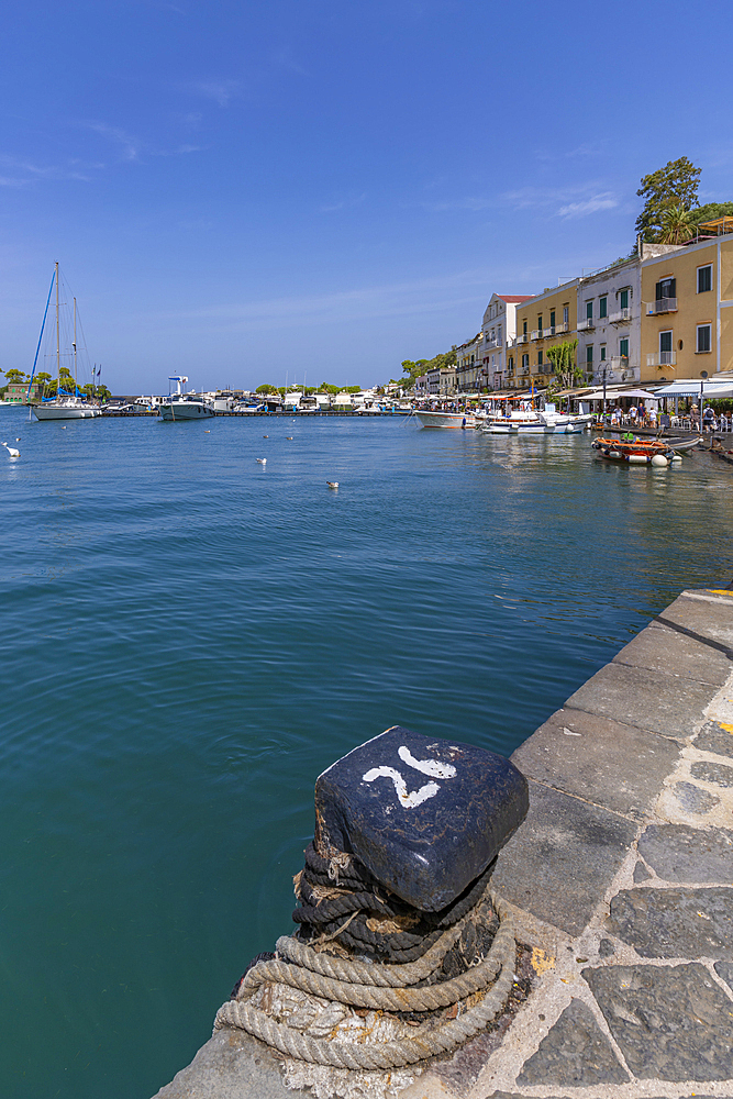 View of boats and restaurants in Porto d'Ischia (Port of Ischia), Island of Ischia, Campania, Italy, Europe