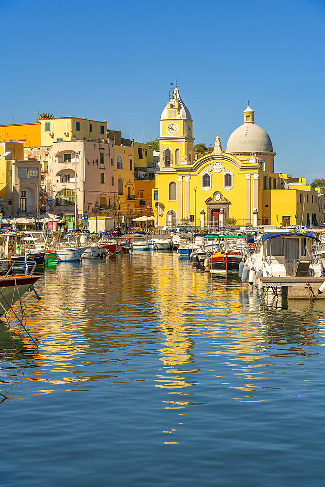 View of Church Madonna delle Grazie in the fishing port Marina Grande with boats, Procida, Phlegraean Islands, Gulf of Naples, Campania, Southern Italy, Italy, Europe