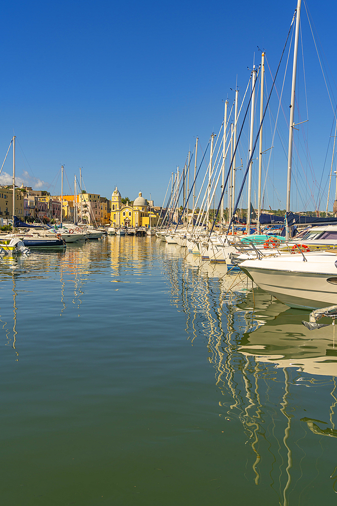 View of Church Madonna delle Grazie in the fishing port Marina Grande with boats, Procida, Phlegraean Islands, Gulf of Naples, Campania, Southern Italy, Italy, Europe