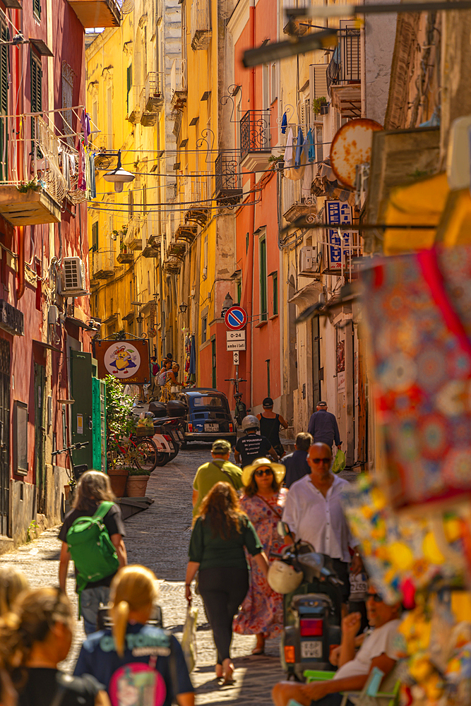 View of colourful narrow backstreet in the fishing port, Procida, Phlegraean Islands, Gulf of Naples, Campania, Southern Italy, Italy, Europe