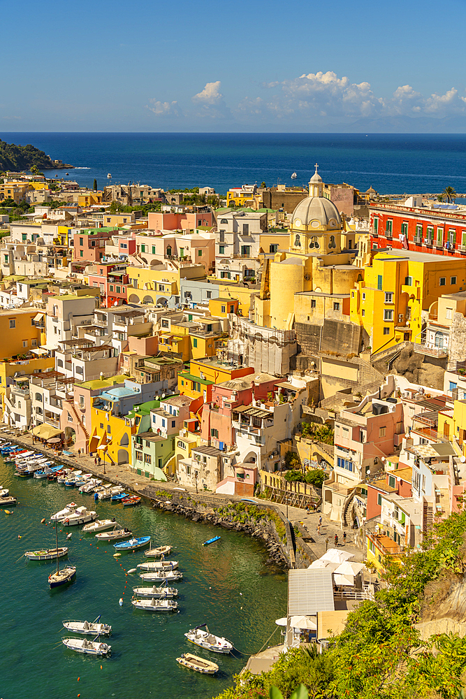 View of Marina di Corricella from Eglise Santa Maria delle Grazie, Procida, Phlegraean Islands, Gulf of Naples, Campania, Southern Italy, Italy, Europe