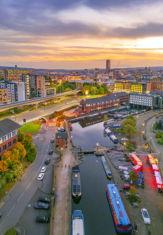 Aerial view of Victoria Quays and Sheffield city skyline at dusk, Sheffield, South Yorkshire, England, United Kingdom, Europe