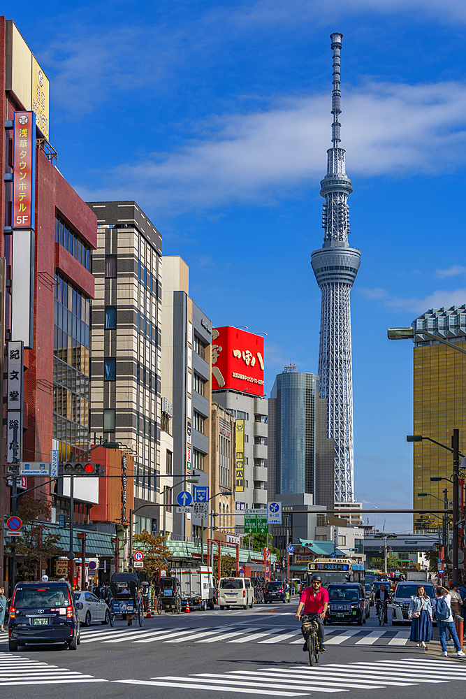 View of colourful shops, buildings and Tokyo Skytree, Asakusa, Taito City, Tokyo, Honshu, Japan