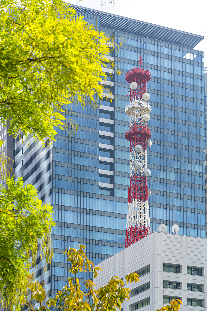 View of city buildings and transmitter on a sunny day, Chiyoda, Tokyo, Honshu, Japan