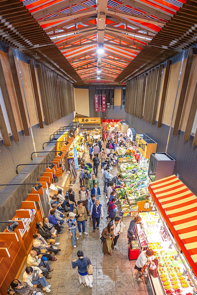 Elevated view of stalls and people in Omicho Market, Kanazawa City, Ishikawa Prefecture, Honshu, Japan