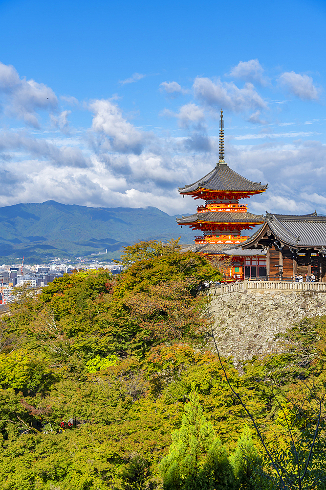 View of Kiyomizu-dera Temple, UNESCO, with city in background, Kiyomizu, Higashiyama Ward, Kyoto, Honshu, Japan