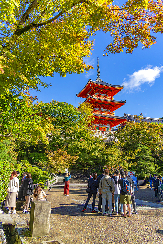 View of Kiyomizu-dera Temple and trees with autumn colours, UNESCO, Kiyomizu, Higashiyama Ward, Kyoto, Honshu, Japan