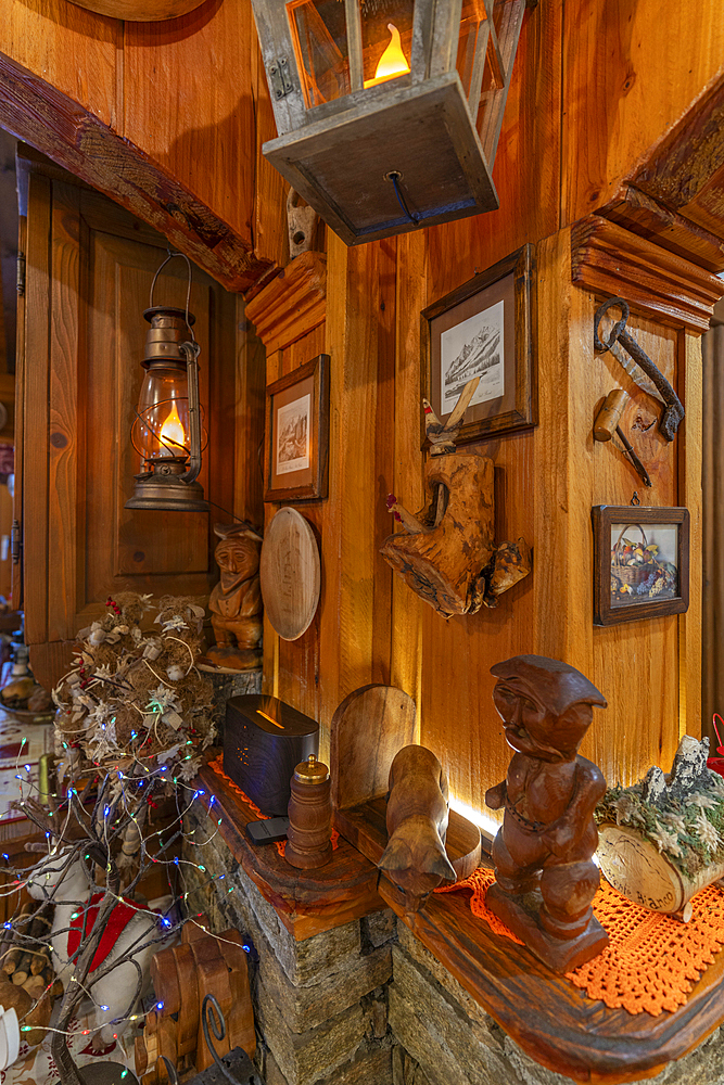 Interior view of typical wooden chalet cafe in Entrèves during winter, Entrèves, Aosta Valley, Italy, Europe