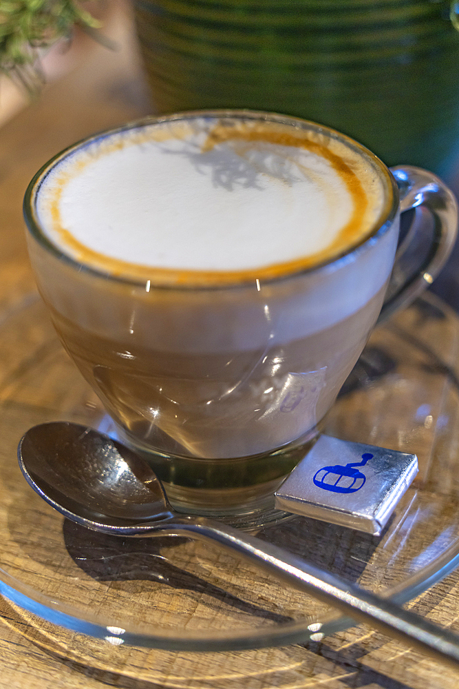 View of coffee in cafe at Skyway Monte Bianco cable car station in Entrèves, Entrèves, Aosta Valley, Italy, Europe