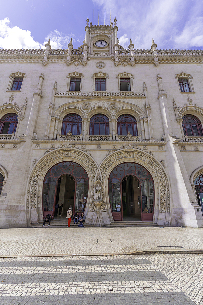 View of ornate facade of Rossio Train Station in Lisbon city centre, Lisbon, Portugal, Europe