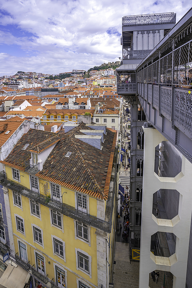 View of city skyline and Santa Justa Lift from Carmo Archaeological Museum on a sunny day, Lisbon, Portugal, Europe
