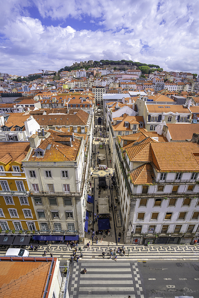 View of city skyline from Santa Justa Lift on a sunny day, Lisbon, Portugal, Europe