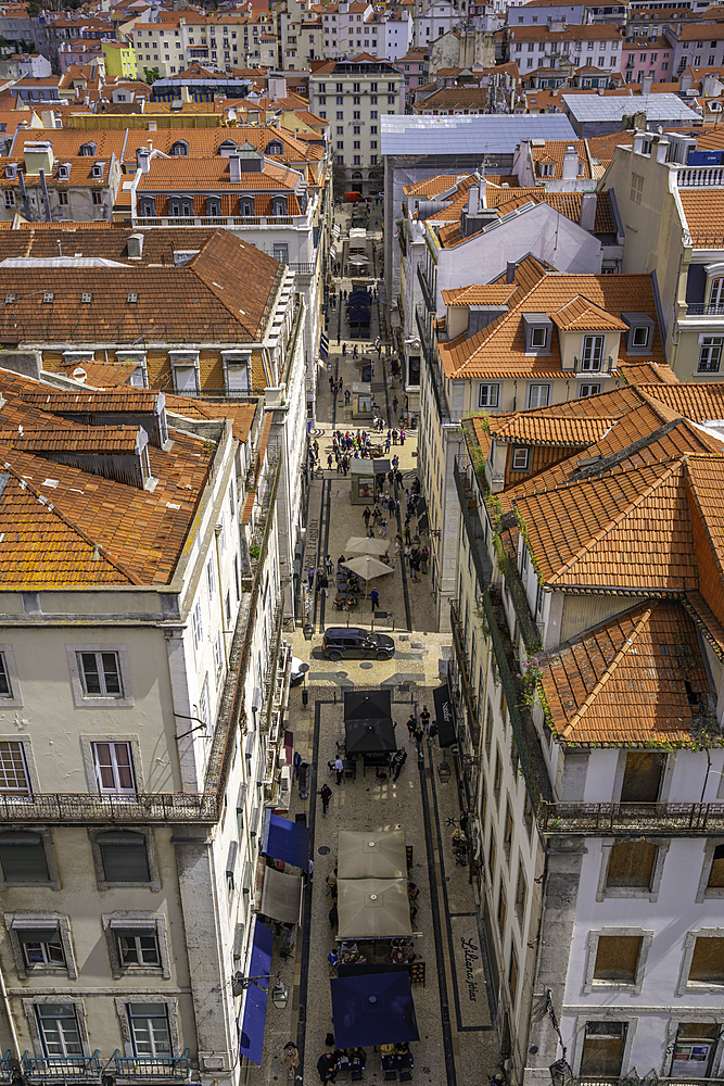 View of city skyline from Santa Justa Lift on a sunny day, Lisbon, Portugal, Europe