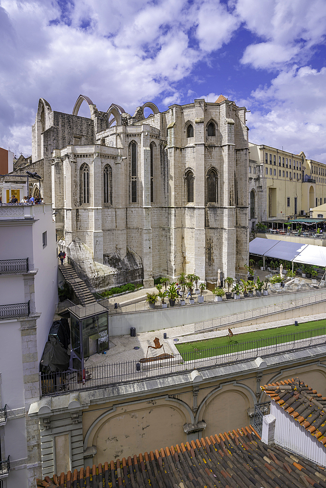View of Carmo Archaeological Museum from Santa Justa Lift on a sunny day, Lisbon, Portugal, Europe