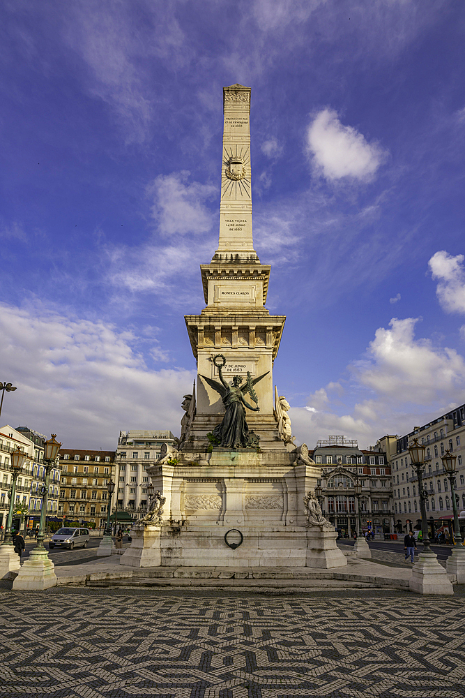 View of Monument Restauradores in Praça dos Restauradores on a sunny day, Lisbon, Portugal, Europe