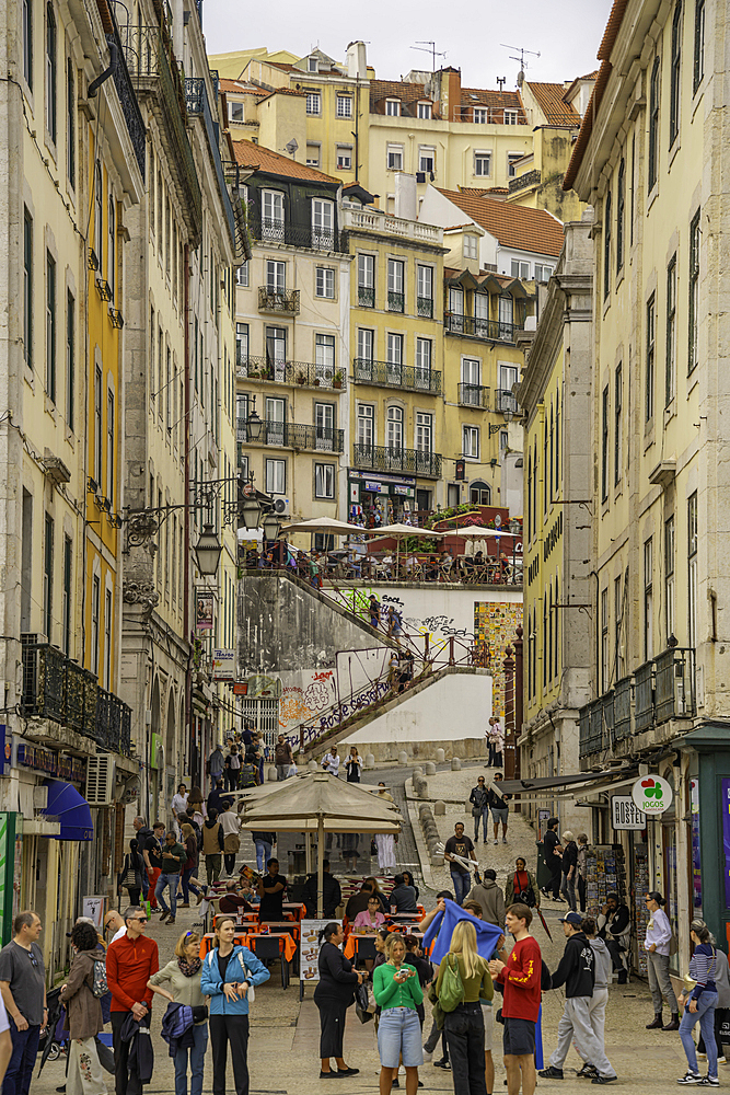 View of achitecture and street restaurants from Praca do Rossio in Lisbon city centre, Lisbon, Portugal, Europe